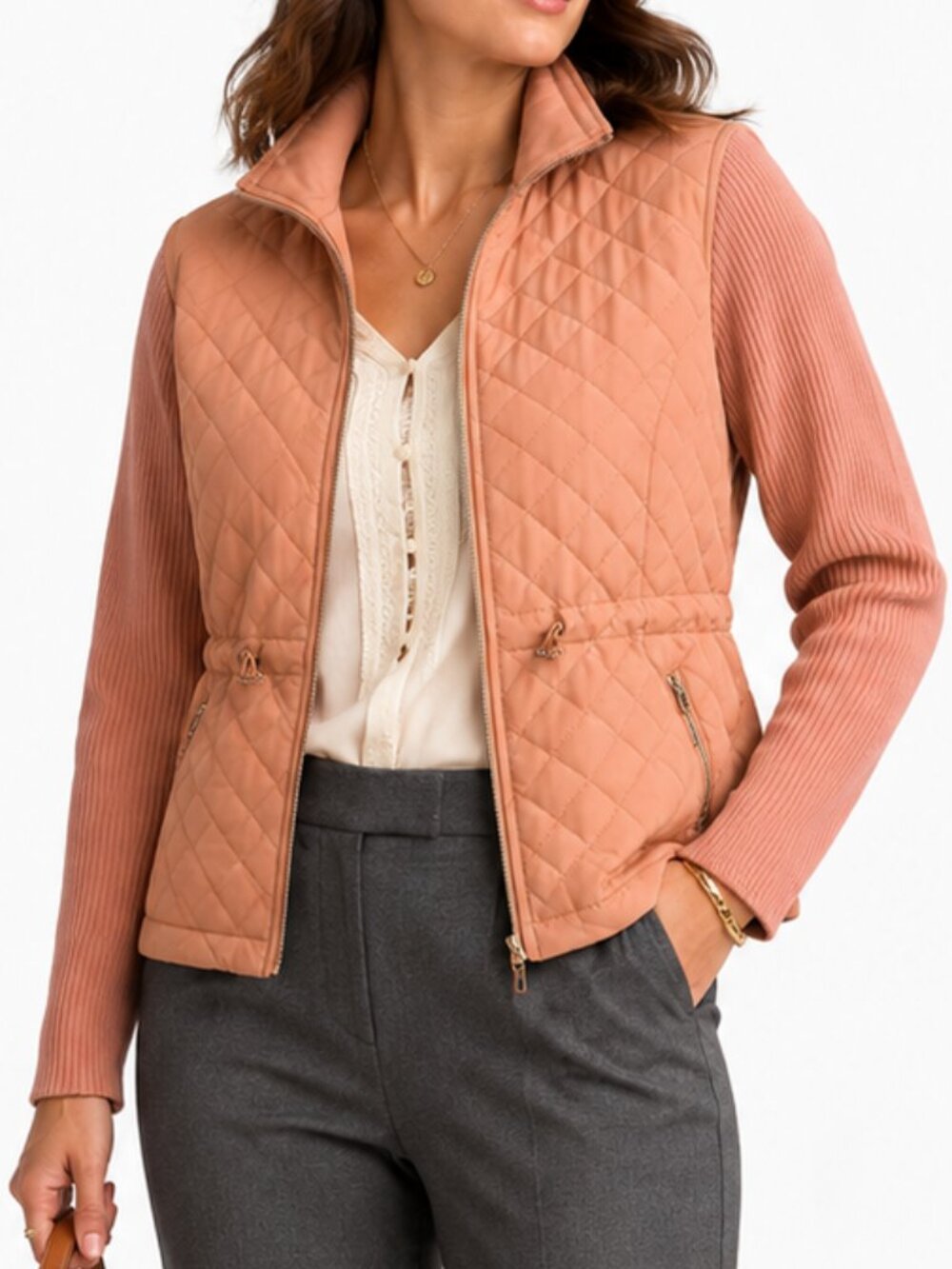 Multiples Blush Pink Quilted Jacket Large | Zip Front Sweater Sleeve Puffer Coat